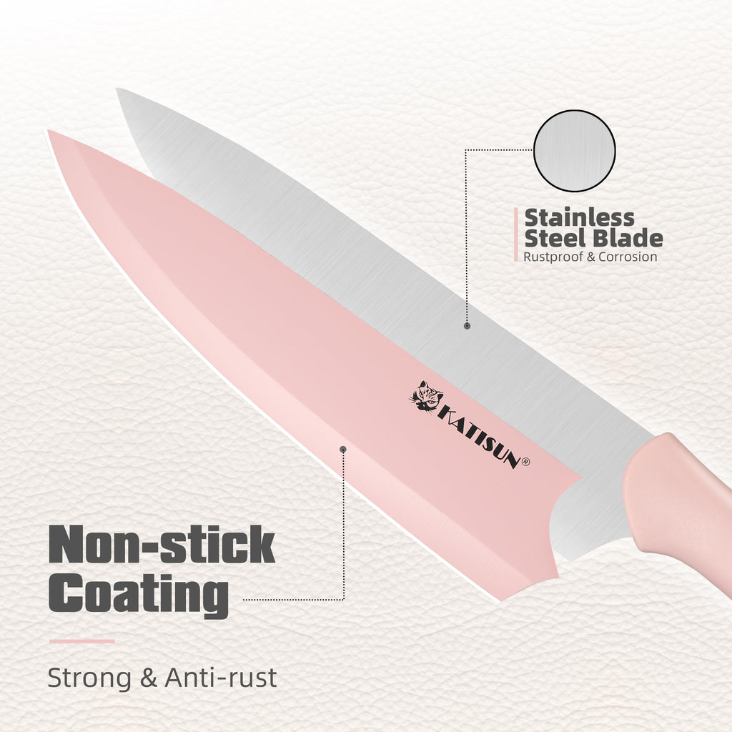 Kitchen Knife Set With Block, 14 Piece Pink Non-Stick Paint Coating Stainless Steel Knives Set, Anti-Rust And Dishwasher Safe, 12 Knives With Kitchen Shears And Block Pink