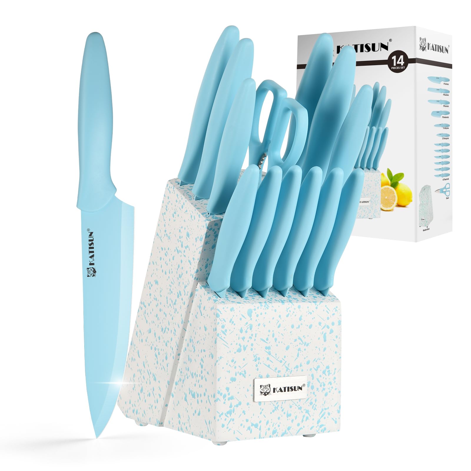 Kitchen Knife Set With Block, 14 Piece BLUE Non-Stick Paint Coating Stainless Steel Knives Set, Anti-Rust And Dishwasher Safe, 12 Knives With Kitchen Shears And Block