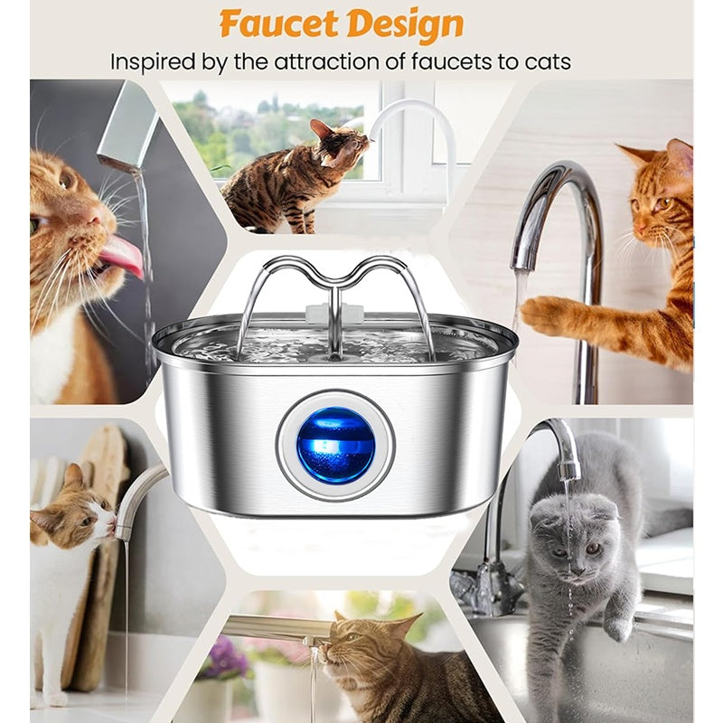 3.2L Cowhorn Model Pet Water Dispenser - Stainless Steel Automatic Water Fountain With 4 Replaceable Filters