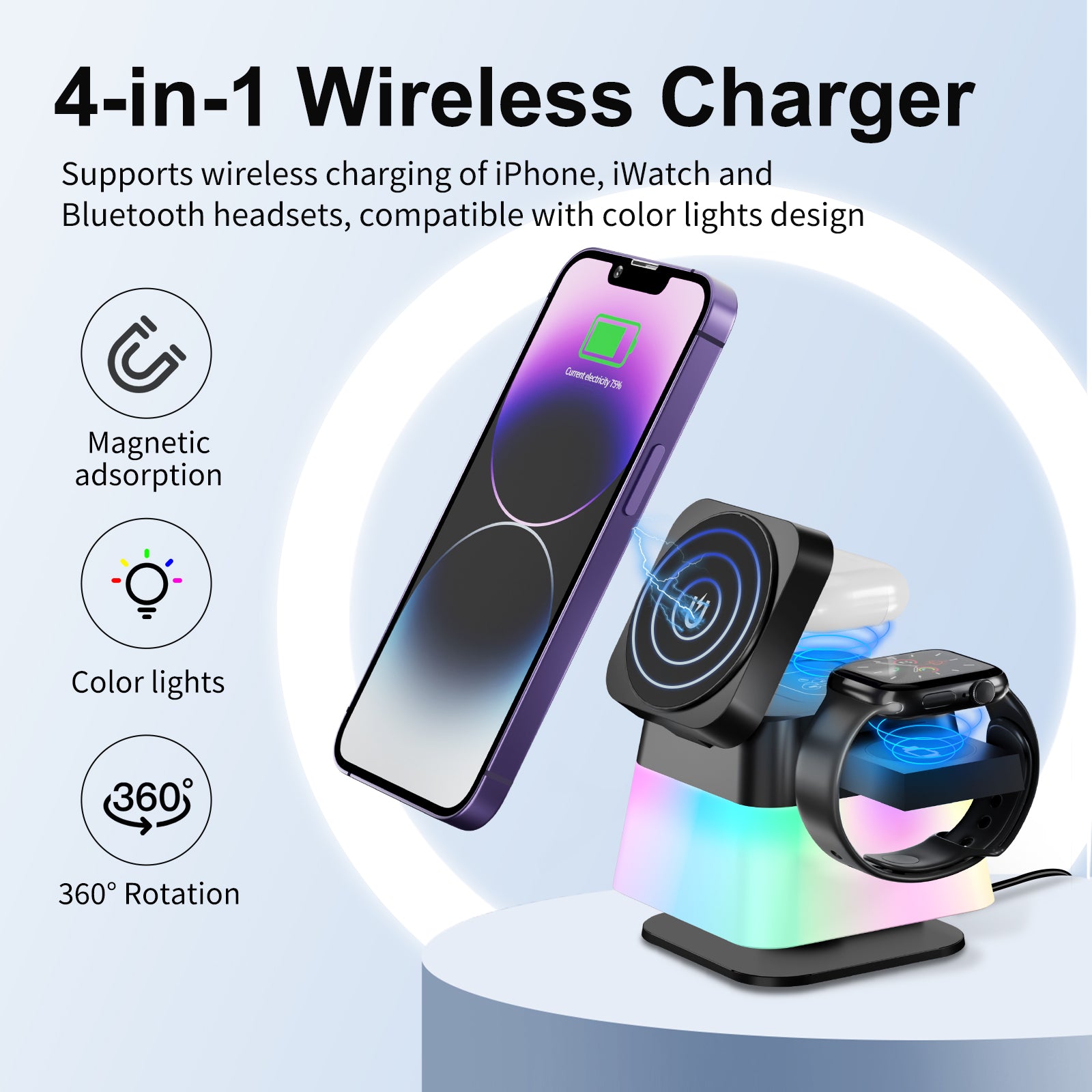 4 In 1 Rotatable Colorful Lighting Wireless Charger  Magnetic, iPhone, apple watch, and AirPods